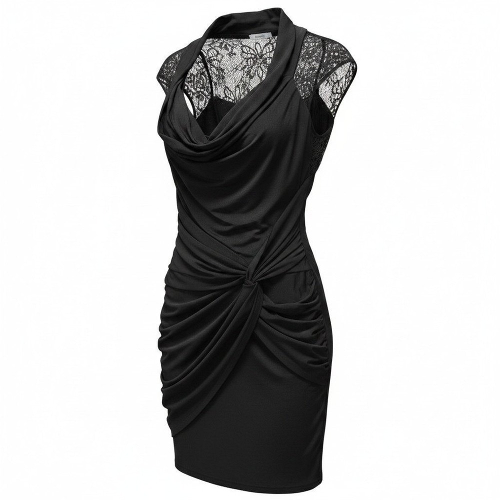 Cocktail Dress Do & Be S Womens Black Excellent Lace Draped Ruched Mini K2218